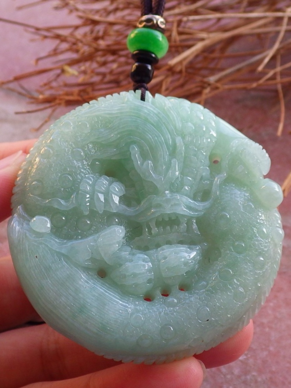 Certified Hand Carved Green Natural Burma A Jade jadeite Dragon Peanut Pendant